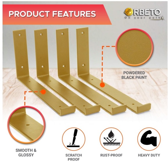 Orbeto 12 inch Shelf Brackets with Lip for 11.25 Inch Shelves - 4 Pack - Picture 2 of 6